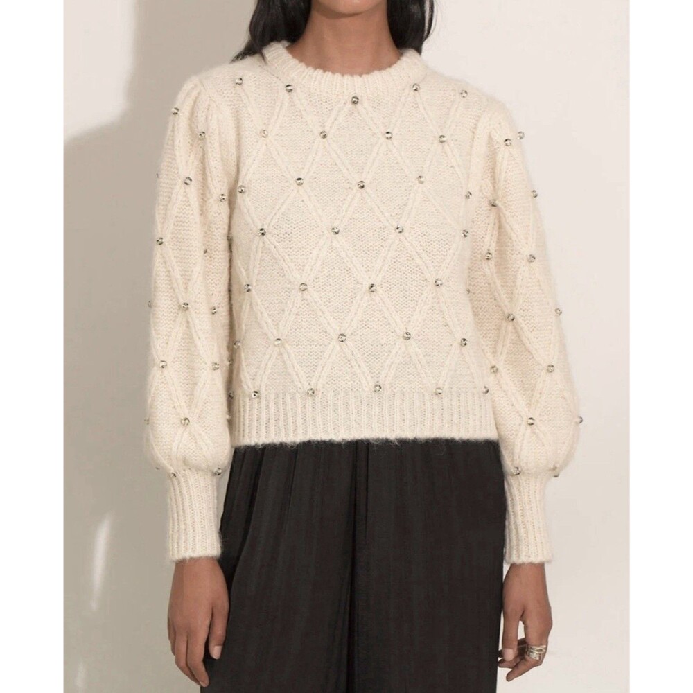 Eleven Six Zaria Ivory Beaded Baby Alpaca Knit Keyhole Back Crewneck Sweater M/L